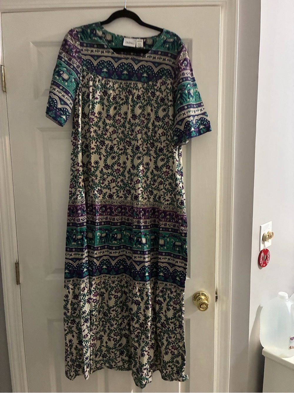 Boho Midi Dress in Cream with Teal & Purple Print
